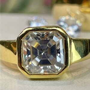Certified 3ct Diamond Asscher cut 14K Yellow Gold Electroplated on 925 Silver.